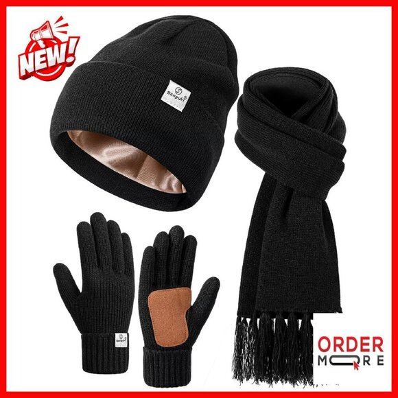Satin Lined Beanie Scarf Gloves Set Winter Accessories Touchscreen main image 8